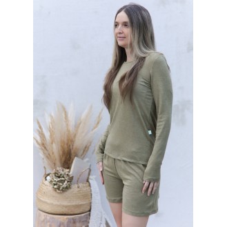 Linen Pajama Set for Women with Long Sleeve and Shorts Set