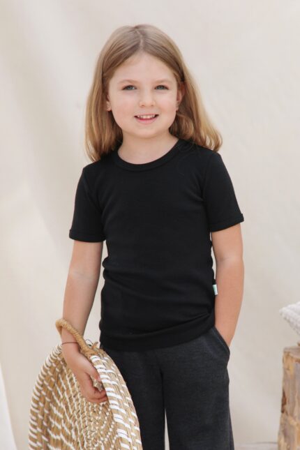 Black merino wool short sleeve shirt for kids