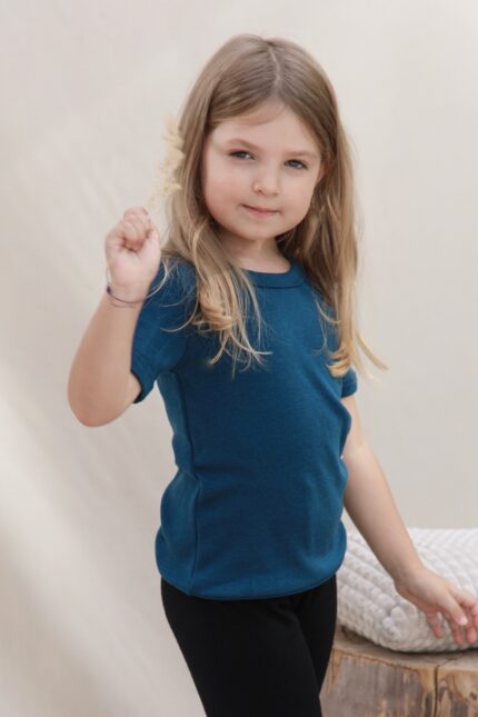 Blue merino wool short sleeve shirt for kids