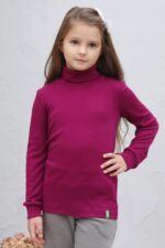 Childrens roll neck tops in merino wool for school and outdoor wear