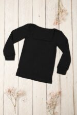 Black childrens roll neck top in merino wool