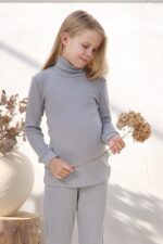 Grey childrens roll neck top in merino wool