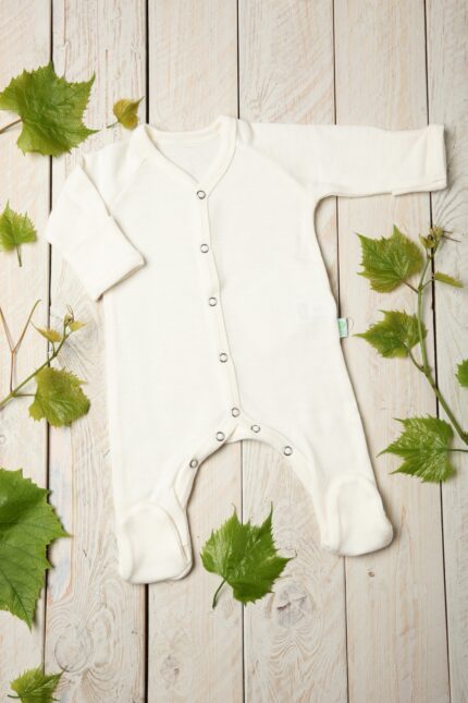 Merino wool footed romper for babies, soft baby sleepsuit by Green Rose