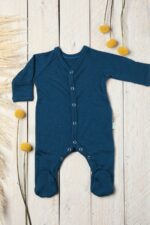 Blue merino wool footed romper, warm baby sleepsuit