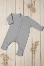 Grey merino wool footed romper for cosy baby sleep