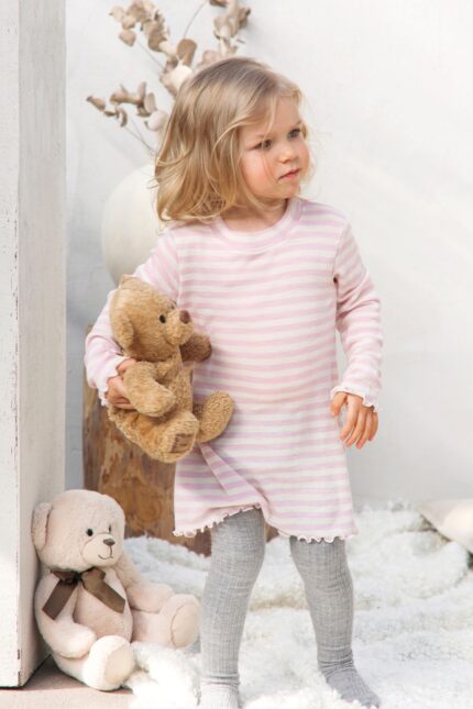 Tunic dress for girls in merino wool with pink stripes